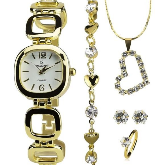 New Women's Gift Set Watch gold- Jewelry set- Necklace-Ring- Earrings - Band - Picture 3 of 6